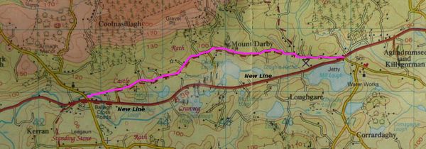 A map showing the old road(Marked in purple)